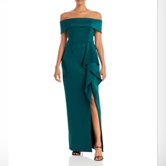 -AQUA WOMEN'S OFF THE SHOULDER CASCADE GOWN HUNTER GREEN SIZE 4 - Picture 2 of 10